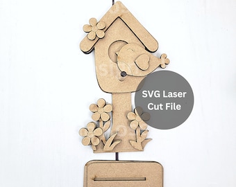 Spring Bird House SVG Archivo de corte láser para cortador láser o Glowforge, pajarera de pie con flores para decoraciones de niñeras de estantes de primavera de madera