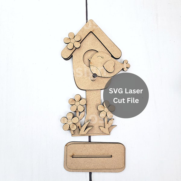 Spring Bird House SVG Laser Cut File for Laser Cutter or Glowforge, Standing Birdhouse with Flowers for Wood Spring Shelf Sitter Decorations