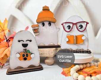 Fall Ghost Trio SVG lasergesneden bestandsbundel voor Glowforge of lasersnijder, koffiespook met muts, glazen geest met boek, pompoenspook