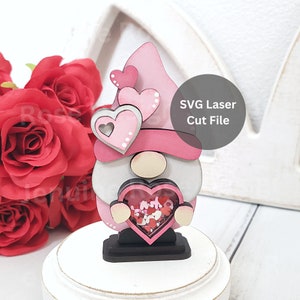 ハート シェイカー ノーム SVG レーザー カット ファイル (レーザー カッターまたは Glowforge 用)、4 インチ バレンタイン ノーム (シェイカー ハート付き) (ティアード トレイ用)、ウェディング ノーム デコレーション