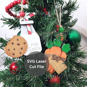 Leite para Papai Noel e cenouras para enfeites de renas Conjunto de arquivos de corte a laser SVG para cortador a laser ou Glowforge, enfeites de árvore de Natal de madeira simples