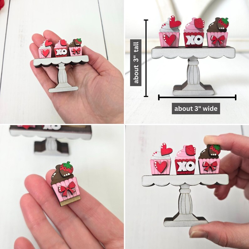 Pode incluir: Um suporte para bolo branco com tr&ecirc;s cupcakes decorados. Os cupcakes s&atilde;o cor-de-rosa com cora&ccedil;&otilde;es vermelhos, um "XO" vermelho e um cupcake de chocolate com um morango vermelho no topo. O suporte mede aproximadamente 7,6 cm de altura e 7,6 cm de largura.