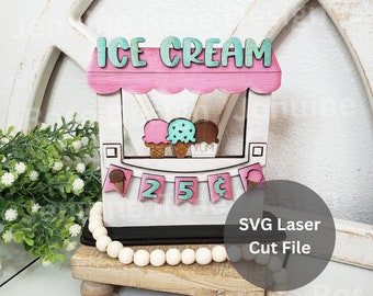Ice Cream Stand SVG Laser Cut Files for Laser Cutter or Glowforge, Interchangeable & Reversible Food Stand for Wooden Seasonal Shelf Sitter