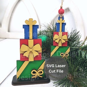 Zestaw plików SVG do cięcia laserowego Present Stack do plotera laserowego lub Glowforge, drewniana ozdoba do układania prezentów i półka na prezenty świąteczne
