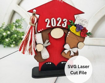 Girl Graduation Gnome SVG Laser Cut File for Laser Cutter or Glowforge, DIY Wooden Standing Gnome w/Congrats Grad Flower Bouquet and Diploma