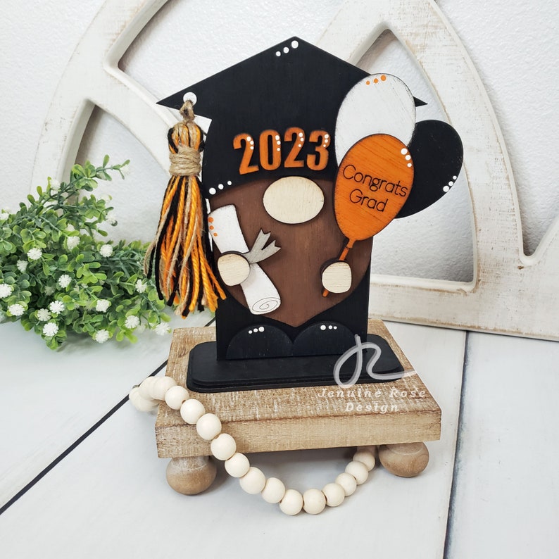 DIY Kit: Graduation Gnome, Unfinished Wooden Standing Gnome w/ Custom Yarn Tassel, Congrats Grad Balloon & Diploma for Painting, Grad Party image 7