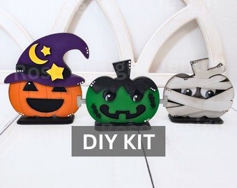 Halloween JackoLantern Trio DIY Kit, Unfinished Wooden Witch Hat Pumpkin, Frankenstein Jack o Lantern and Mummy Pumpkin Shelf Sitter Decor