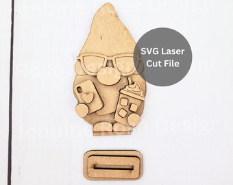 Iced Coffee Gnome SVG Laser Cut File for Laser Cutter or Glowforge, 4" Wooden Gnome with Sunglasses and Cell Phone for Frappe Lover Gift