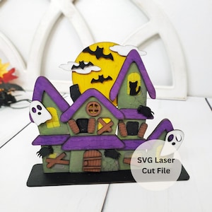 Haunted House SVG Laser Cut File voor Laser Cutter of Glowforge, Grote Houten Staande Halloween House met Volle Maan voor Shelf Sitter Decor