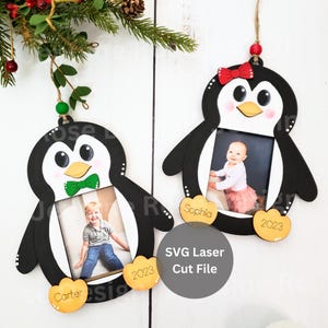 Moldura de pinguim, enfeite SVG, arquivo de corte a laser para Glowforge ou cortador a laser, grande enfeite de árvore de Natal de inverno para foto tamanho carteira