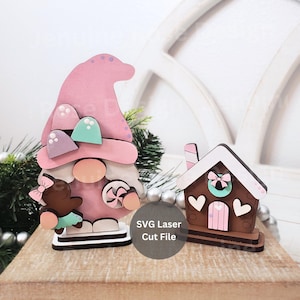 Pakiet plików SVG z wycinanką laserową Gumdrop Gnome i Gingerbread House do Glowforge lub plotera laserowego, 4-calowy drewniany krasnal bożonarodzeniowy i 2-calowy mały domek