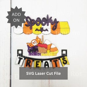 アドオン 不気味なお菓子スタンド SVG レーザーカット ファイル (レーザー カッターまたは Glowforge 用)、交換可能でリバーシブルなフード スタンド ハロウィン シェルフ シッター