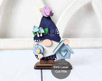 Birdhouse Gnome SVG Laser Cut File for Glowflorge or Laser Cutter, Wooden Mini Gnome Shelf Sitter with Birds for Spring and Summer Decor