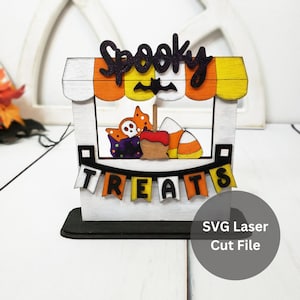 Halloween Treats Stand SVG Laser Cut Files for Laser Cutter or Glowforge, Interchangeable & Reversible Food Stand, Candy Corn Shelf Sitter
