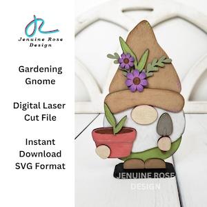 May include: A wooden gardening gnome with a brown hat, white beard, and green and white clothing. The gnome holds a small shovel and a pot with a plant. The image includes the text "Gardening Gnome" and "Digital Laser Cut File".