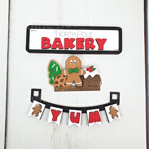 Interchangeable Stand w/ North Pole Bakery Sign, Christmas Cookies, Gingerbread Man & Chocolate Bunt Cake for Wooden Christmas Shelf Sitter