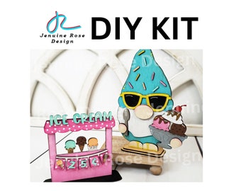 DIY Kit: Ice Cream Gnome and Stand Set, Unfinished Wooden Standing Summer Gnome with Ice Cream Shop Shelf Sitter, Painting Wood Decorations