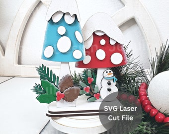 Winter Mushroom Duo SVG Laser Cut File for Laser Cutter or Glowforge, DIY Wooden Mushroom Decor with Pinecones & Snowman, Cottagecore Decor
