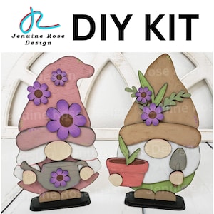 Kit de bricolaje de gnomos de primavera, piezas de madera sin terminar de un gnomo niño con maceta y pala, y una gnomo niña con regadera. Manualidades para pintar.