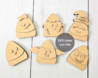 Halloween Candy Corn Set SVG Laser Cut File for Glowforge or Laser Cutter, Chunky Candy Corn Witch, Bat, and Frankenstein Shelf Sitters