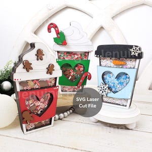 Kerstkoffieshaker SVG lasergesneden bestandsbundel voor Glowforge of lasersnijder, Chunky houten Togo Hot Chocolate Shaker Sign Shelf Sitter