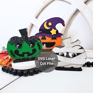 JackoLantern Trio SVG Laser Cut File Bundle für Glowforge oder Laser Cutter, Hexe, Frankenstein & Mumie Holz Halloween Kürbis Regalsitter