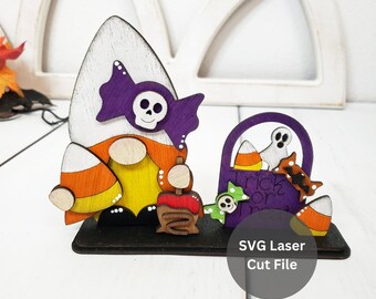 Halloween Candy Gnome SVG Laser Cut File for Laser Cutter or Glowforge, Wooden Candy Corn Gnome with Trick or Treat Bag Tiered Tray Decor