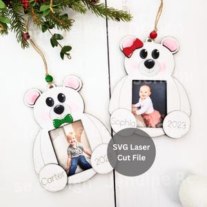 Adorno de marco de fotos de oso SVG, archivo cortado con láser para Glowforge o cortador láser, adorno de árbol de Navidad de invierno grande para foto tamaño billetera
