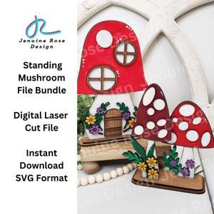 Mushrooms SVG Laser Cut Files Bundle for Laser Cutter or Glowforge, DIY Wooden Mushroom House & Standing Mushroom Duo Cottagecore Decoration