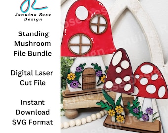 レーザーカッターまたは Glowforge 用のキノコ SVG レーザーカット ファイル バンドル、DIY 木製キノコハウスとスタンディング キノコ デュオ コテージコア デコレーション
