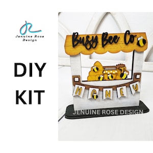 DIY Kit: Honey Shop, Unfinished Wooden Interchangeable Food Stand with Bee Hive, Honey Jar & Honey Comb for Painting Bumblebee Shelf Sitter