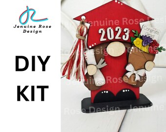 DIY Kit: Graduation Girl Gnome, Unfinished Wooden Standing Gnome w/ Custom Yarn Tassel, Flower Bouquet and Diploma for Painting, Grad Party
