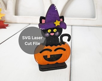 Witch Cat in Jack o Lantern SVG Laser Cut File for Laser Cutter or Glowforge, Wooden Standing Cat in Pumpkin for Halloween Tiered Tray Decor