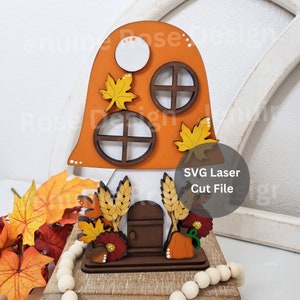 Herfstpaddestoelenhuis SVG-lasergesneden bestand voor Glowforge of Laser Cutter, herfstchampignonhuis met tarwe, bladeren, pompoen, bloemen en eikel