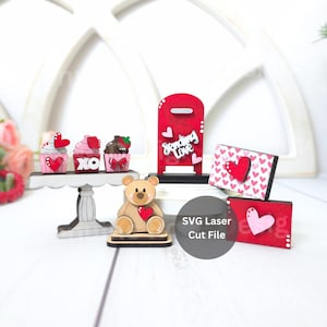 Małe pliki SVG do wycinania laserowego półek walentynkowych do Glowforge lub plotera laserowego, miniaturowe akcesoria do drewnianych krasnali lub walentynkowe złomowiska