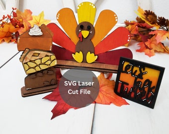 Fall Turkey SVG Laser Cut File Bundle for Laser Cutter or Glowforge, Wooden Sitting Turkey, Pie Stack and Small Sign for Thanksgiving Decor