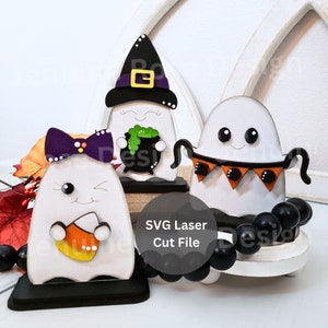 Pakiet plików SVG Halloween Ghost Trio do cięcia laserowego dla Glowforge lub plotera laserowego, Duch czarownicy z kapeluszem i kotłem, Duch kukurydzy cukrowej z kokardą