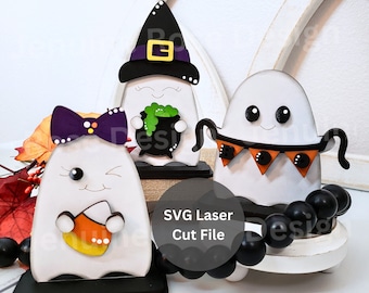 Halloween Ghost Trio SVG Laser Cut File Bundle for Glowforge or Laser Cutter, Witch Ghost with Hat and Cauldron, Candy Corn Ghost with Bow