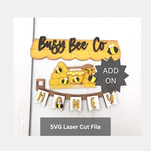 アドオン ハニー スタンド SVG レーザー カット ファイル (レーザー カッターまたは Glowforge 用)、木製バンブルビー シェルフ シッター装飾用の交換可能なフード スタンド