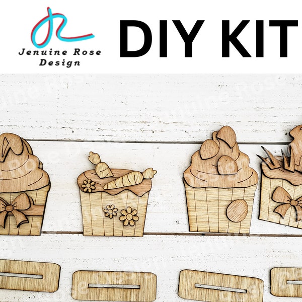 DIY Kit Easter Cupcakes Set, Unfinished Wood Blanks of Cupcakes with Bunny Ears, Easter Eggs, Carrots and Chocolate Bunny for Painting Craft