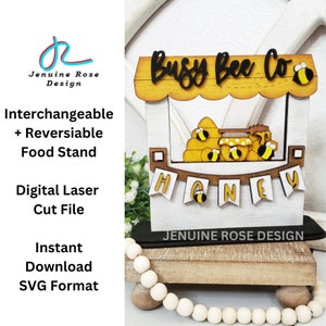 ハニースタンド SVG レーザーカットファイル（レーザーカッターまたは Glowforge 用）、木製バンブルビーシェルフシッターデコレーション用の交換可能でリバーシブルなフードスタンド