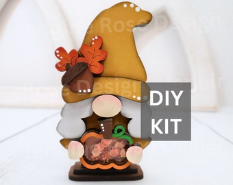 Fall Gnome w/ Pumpkin Shaker DIY Kit, Unfinished Wood Autumn Gnome Shelf Sitter w/ Pumpkin Shaker Sign for Thanksgiving or Fall Table Decor
