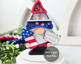 Red White and Boom Shaker Gnome SVG Laser Cut File for Glowforge or Laser Cutter, 4" Mini Gnome with Striped Shaker Hat and Firework