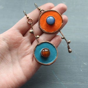 Blue Orange Bronze Metal Asymmetric Statement Drop Earrings | Women's Ethnic Jewelry with Stones | Vintage Style