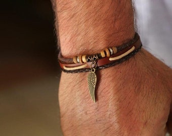 Unisex Leather Bracelet with Wing Charms - Handmade Jewelry