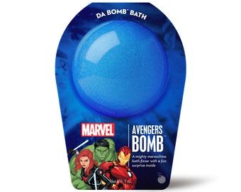 May include: A blue bath bomb with the words "DA BOMB BATH" and "MARVEL AVENGERS BOMB" printed on it. The bath bomb features a cartoon image of the Avengers characters, including Iron Man, Hulk, and Black Widow. The text also says "A mighty maraschino bath fizzer with a fun surprise inside" and "Net Wt. 7 oz."