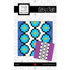 May include: A quilt pattern called "Daisy Chain" by Melissa Marginet. The pattern features a blue and white background with a repeating pattern of blue and yellow daisies. The pattern is available in sizes for a lap quilt, twin, full, queen, or king size bed.