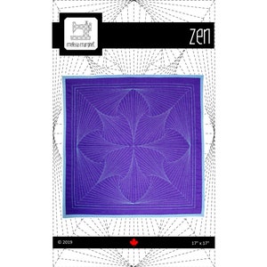 May include: A purple and blue quilt pattern called "Zen" by Melissa Margaret. The pattern is a geometric design with a starburst shape in the center. The quilt is 17 inches by 17 inches.