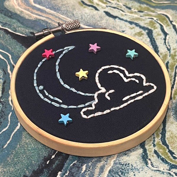 Moon and Stars Beaded Mini Embroidery Hoop // 4" Finished Hoop