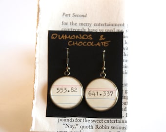 Dewey Decimal System EARRINGS, Diamonds and Chocolate, 553.82 & 641.337 ,  call number, library, gift